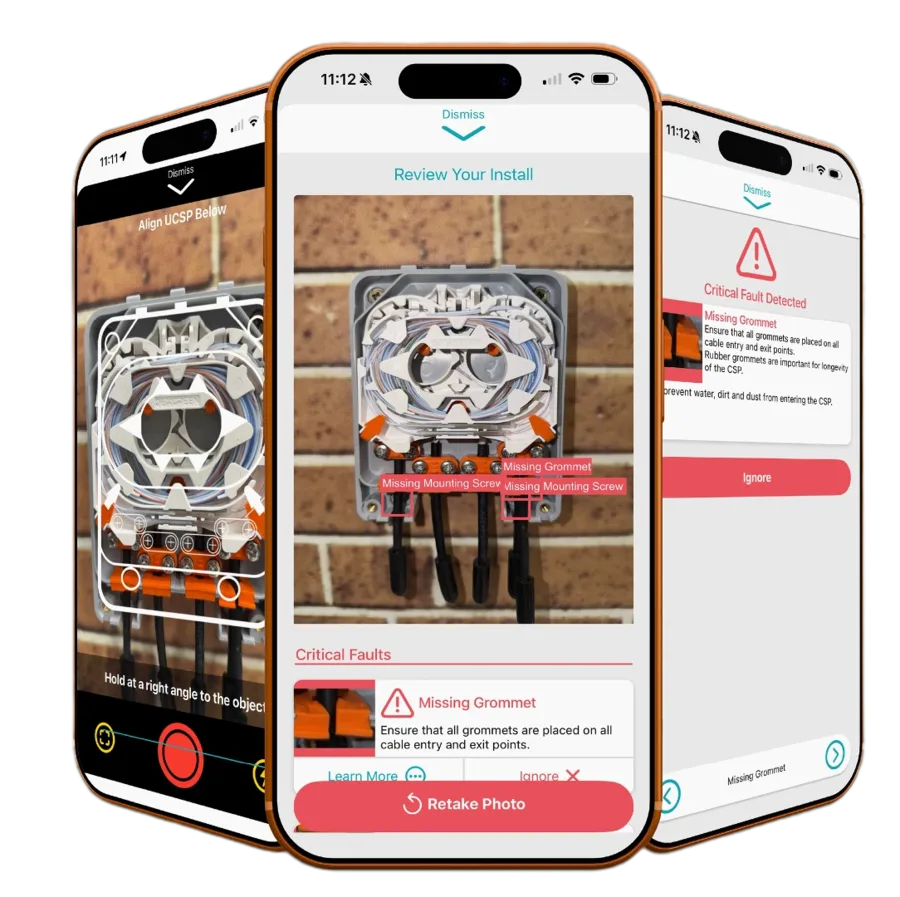 Forge on three phones: lining up a cable splice point, reviewing the install with missing grommet and mounting screws flagged, and a critical fault alert